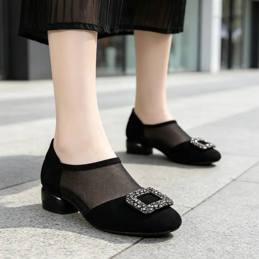 ✨【35-40】👡Eleganckie damskie buty z zamszu i przewiewnej siateczki – klamra z kryształkami, niski szeroki obcas, czarne