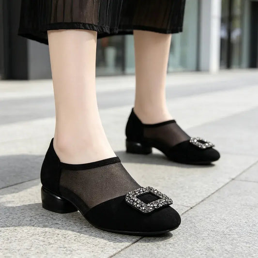 ✨【35-40】👡Eleganckie damskie buty z zamszu i przewiewnej siateczki – klamra z kryształkami, niski szeroki obcas, czarne