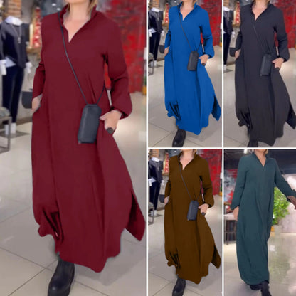 🔥【S-3XL】Nove jesensko-zimske obleke z dolgimi rokavi in V-izrezom – eleganten enobarvni model