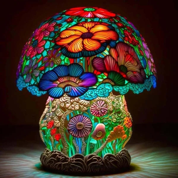 🍄Stolní lampa ve tvaru houby, vitráž s rostlinnou tematikou, retro noční lampa, vyrobená z barevné pryskyřice