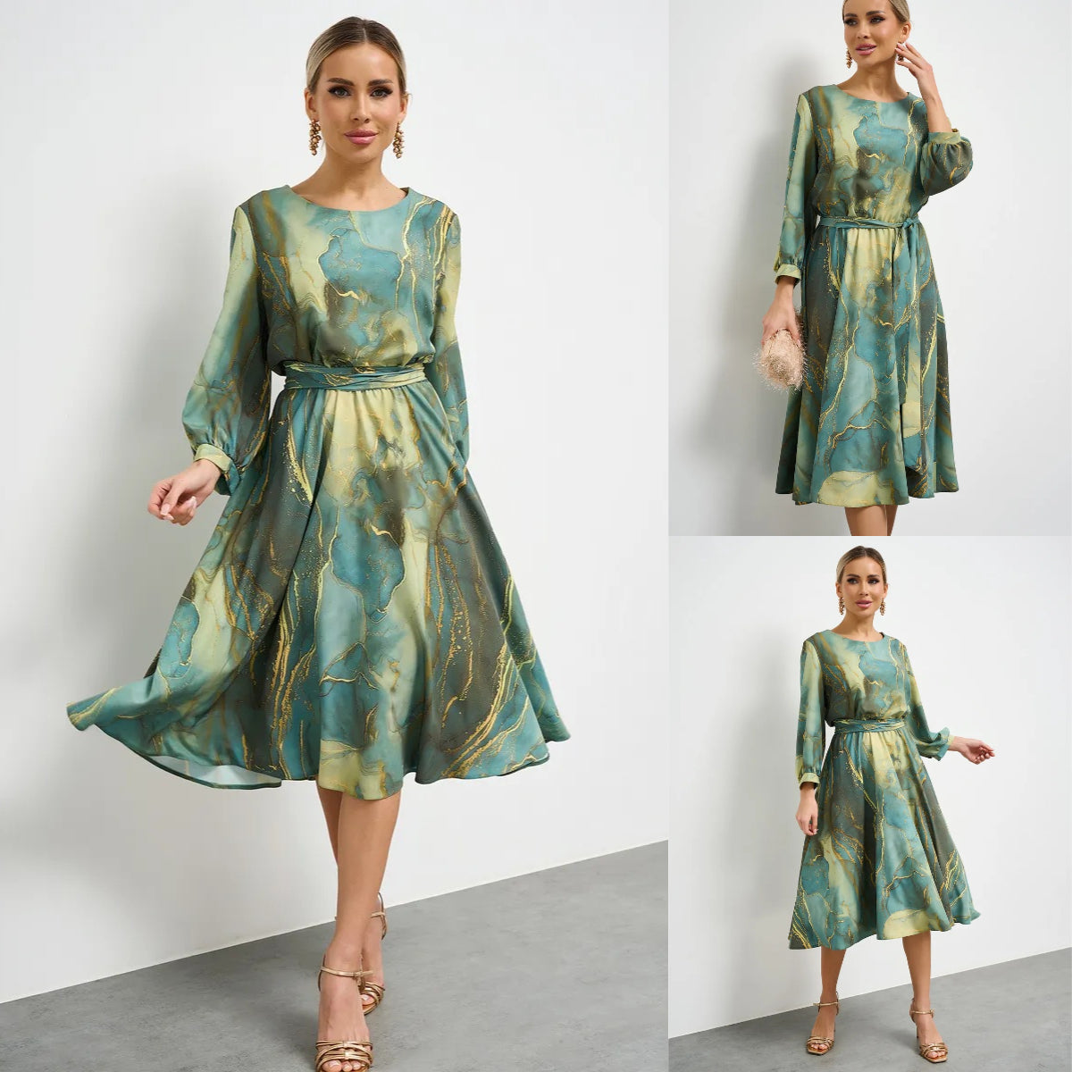 🌿【Μεγάλη Έκπτωση Τέλους Σεζόν】👗 Ανοιξιάτικο πράσινο φόρεμα – Κομψό, με μακριά μανίκια & φούστα