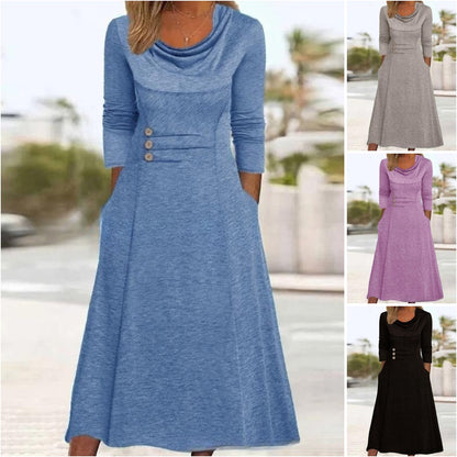 🔥【Zimní sleva -50%】【S–3XL】2025 Nové jednobarevné zimní šaty s kulatým výstřihem a praktickými kapsami