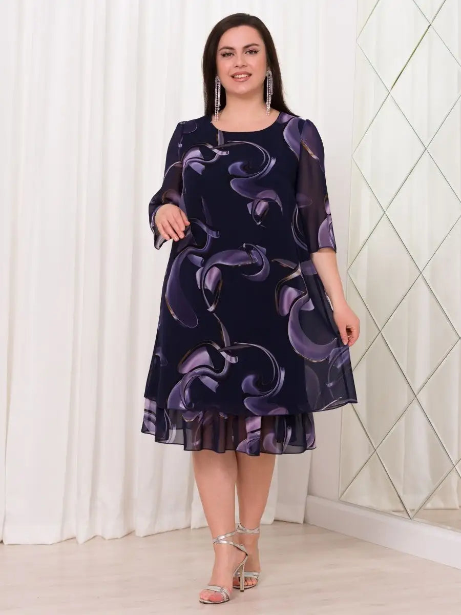 💕【S-5XL】👗Rochie elegantă cu imprimeu ✨ Mâneci din plasă stil frunze de lotus 🌸 Potrivită pentru ocazii speciale 💃
