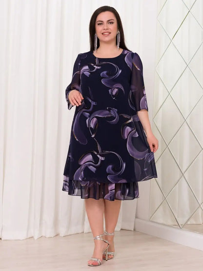 💕【S-5XL】👗Rochie elegantă cu imprimeu ✨ Mâneci din plasă stil frunze de lotus 🌸 Potrivită pentru ocazii speciale 💃