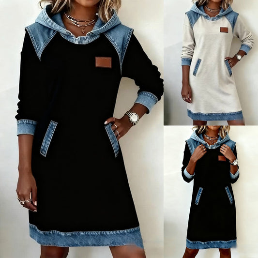 🌷🌞【S–3XL】Zimné džínsové patchwork šaty s kapucňou · Pohodlné · Štýlové na každý deň · -50% + rýchle doručenie