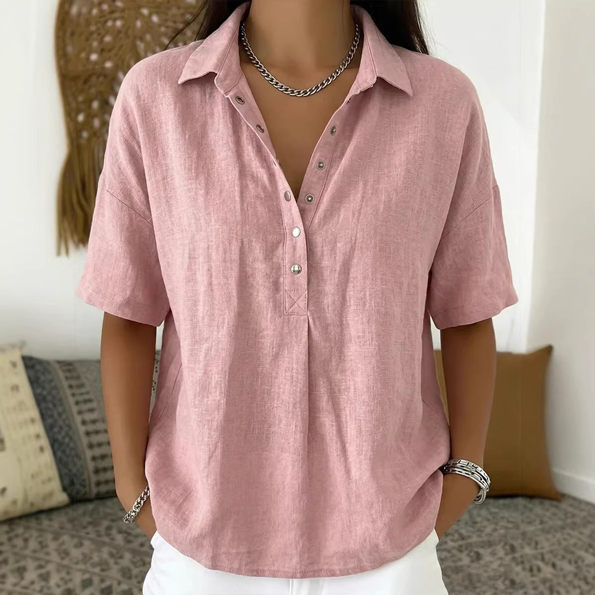 Ostatni dzień, 50% zniżki! ✨【S-3XL】Damska koszula z bawełny i lnu z krótkim rękawem, dopasowany krój, uniwersalna, przewiewna, wygodna i bezproblemowa.