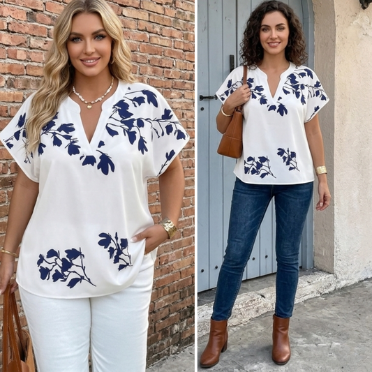 🔥Bluzka Plus Size XL-4XL V-Neck Niebieski Wzór | Luźna Batwing | COD ✅Darmowa Dostawa