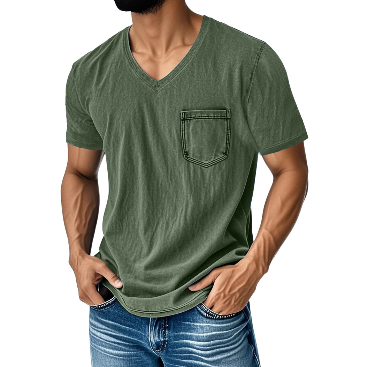 50% zniżki【40-120 kg】Luźny, casualowy T-shirt z jeansu z dekoltem w serek i krótkim rękawem dla mężczyzn ✅️Płatność przy odbiorze