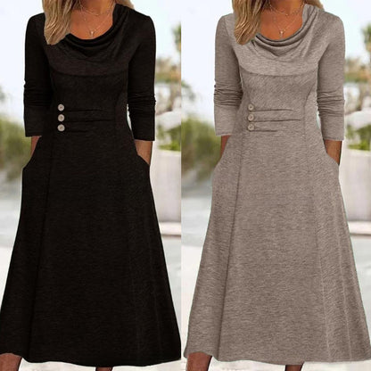 🔥【Zimní sleva -50%】【S–3XL】2025 Nové jednobarevné zimní šaty s kulatým výstřihem a praktickými kapsami