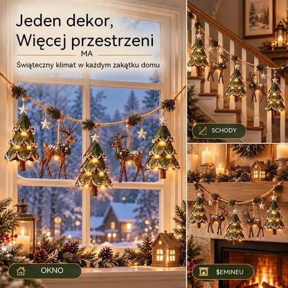 🎄 Girlanda świąteczna LED z reniferami i choinkami – drewniana dekoracja w rustykalnym stylu, ciepłe światło na kominek, okno i schody
