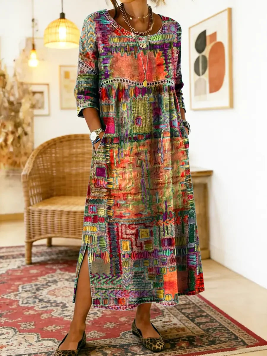 💟【50% POPUSTA】Ženska pamučna haljina s etničkim uzorkom i patchwork dizajnom, s čipkastim obrubom.