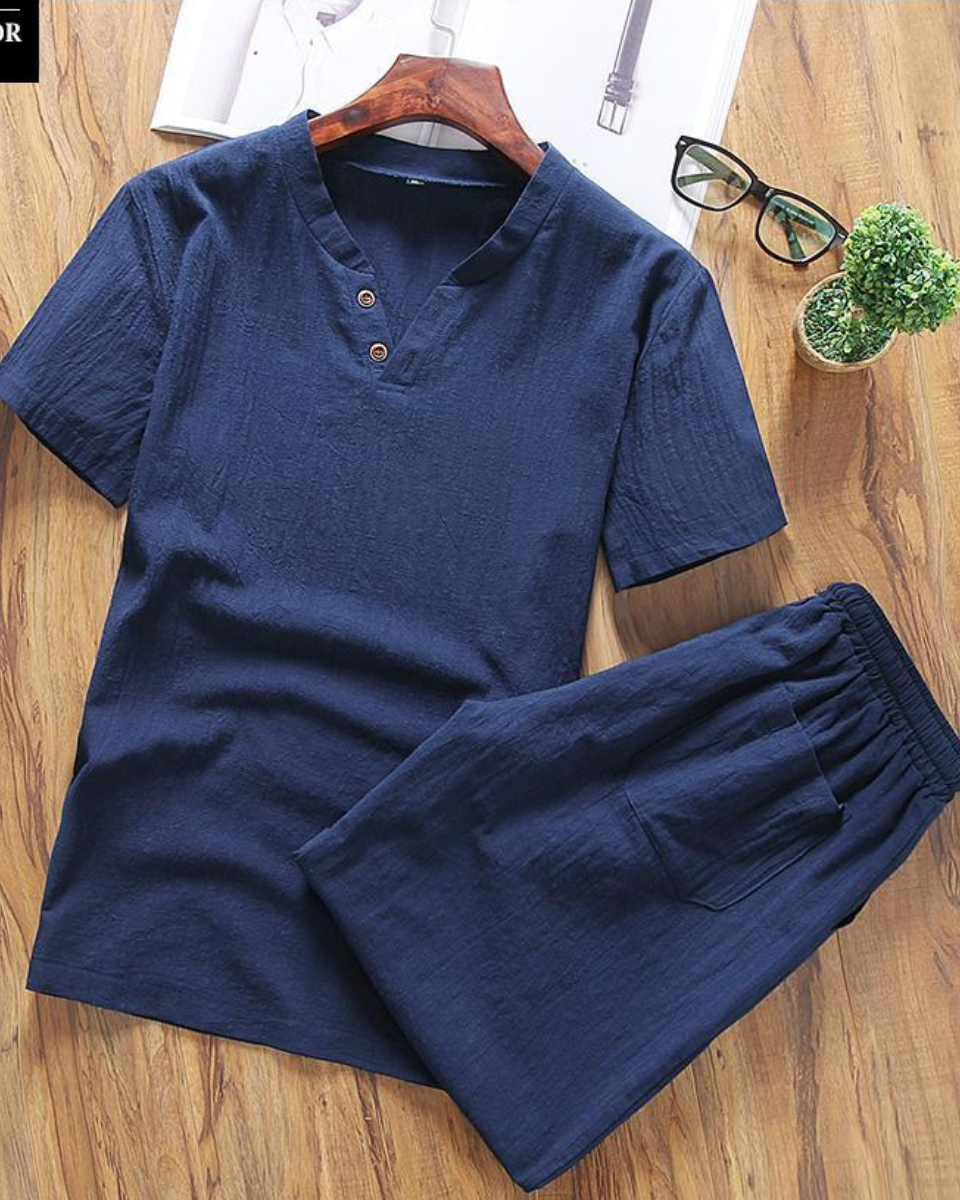 ✨🤩【Top + Pantaloni】 Costum de agrement pentru bărbați, lejer și respirabil, din bumbac și in de înaltă calitate