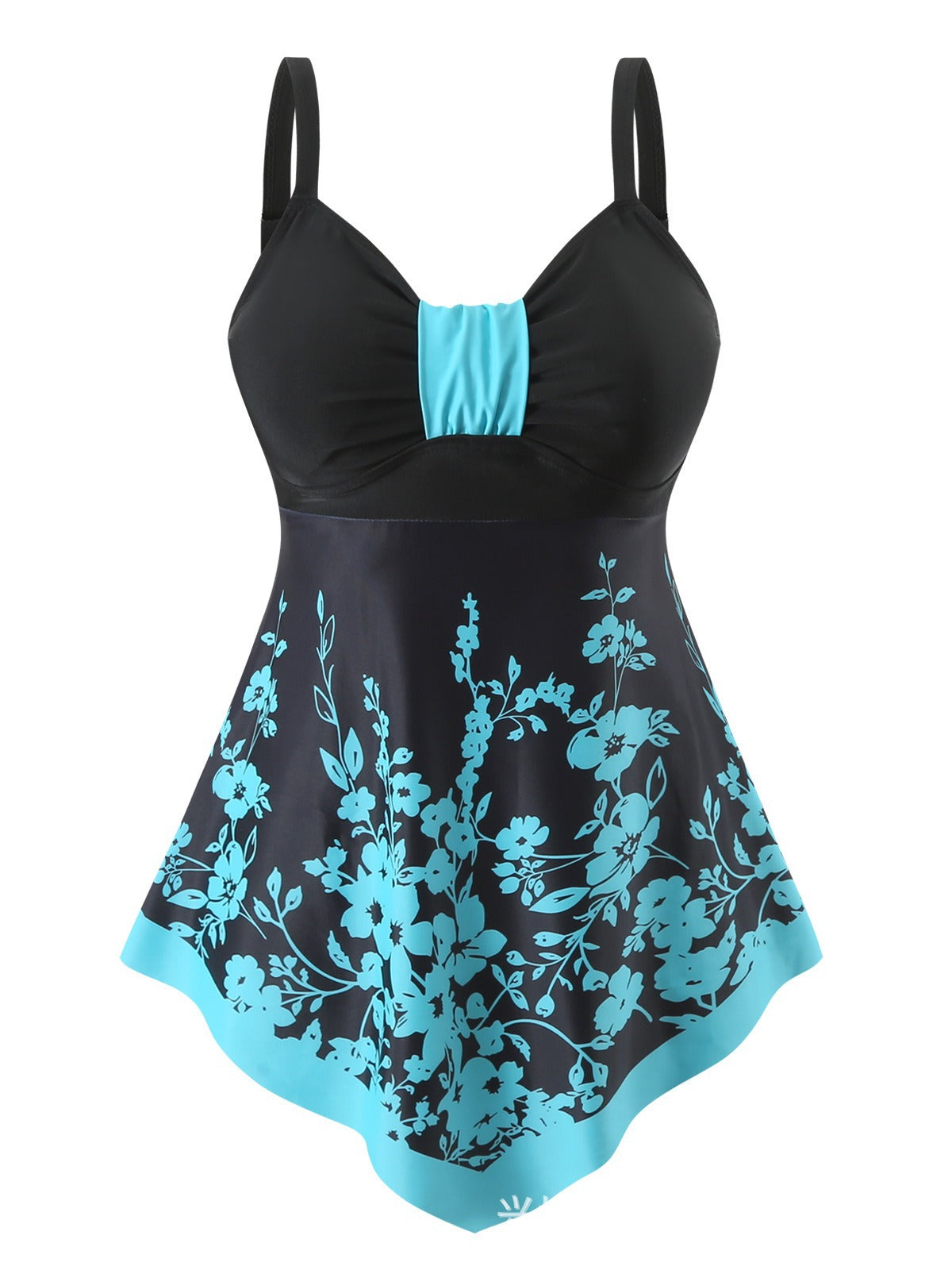 【50% zniżki】👙【S-5XL】Dwuczęściowy kostium kąpielowy z lekką spódniczką, niebieski kwiatowy wzór, elegancki fason modelujący brzuch, wygodny i przewiewny.