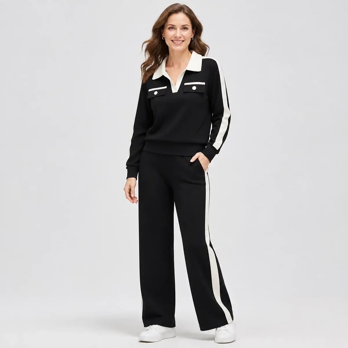 🔥 【M-3XL】Elegancki komplet dresowy damski ze spodniami wide leg i kołnierzykiem polo