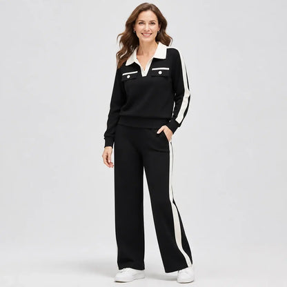 🔥 【M-3XL】Elegancki komplet dresowy damski ze spodniami wide leg i kołnierzykiem polo