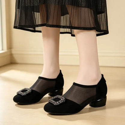 ✨【35-40】👡Eleganckie damskie buty z zamszu i przewiewnej siateczki – klamra z kryształkami, niski szeroki obcas, czarne