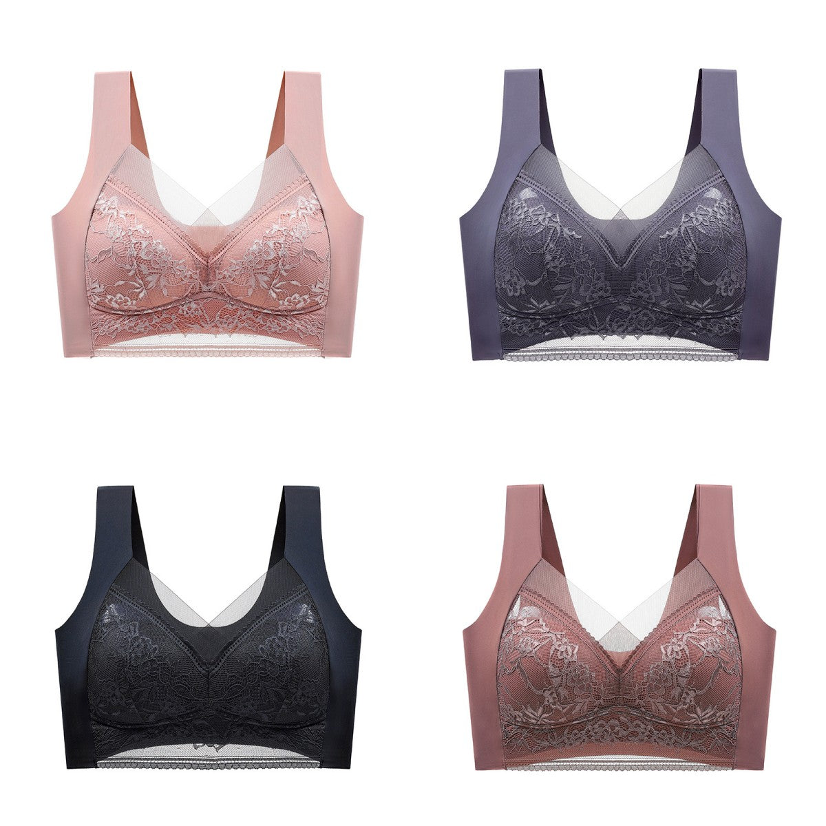 🔥【1 set 4 bucăți】Vânzare fierbinte 👙【40-110 KG】 Sutien confortabil, fără cusături, din dantelă, mărime mare