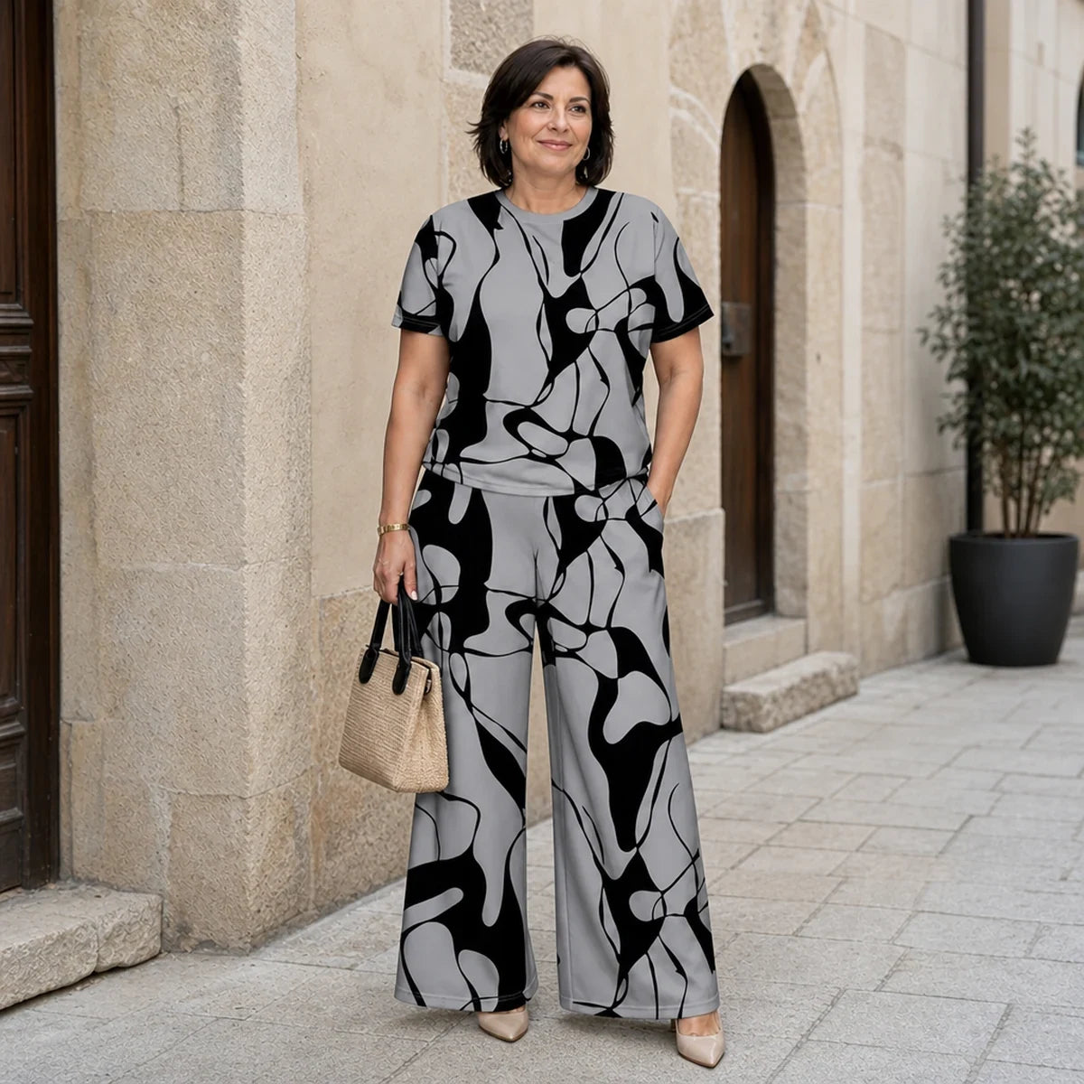 ✨【 S-5XL】 Elegancki i swobodny! Letni komplet w dużym rozmiarze z nowoczesnym, geometrycznym nadrukiem
