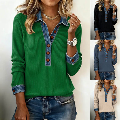 🌷Nova zimska modna majica z jeans patchworkom – topla, udobna in primerna za vsakodnevno nošenje
