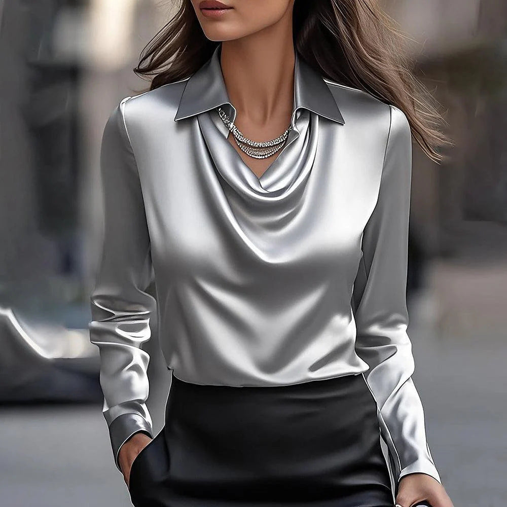 🔥🔥【Novi jesenski stilovi】✨Elegantna ženska satenska košulja s reverom i decentnim printom – moderna i udobna