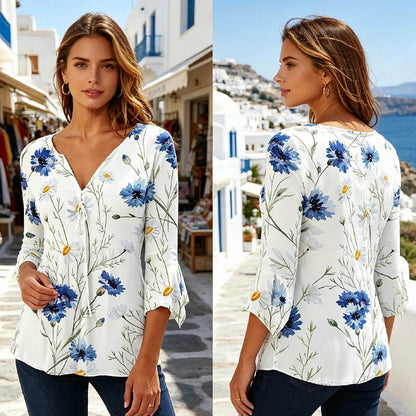 ✨【S–5XL】Wygodna i swobodna odzież damska: Bluzka z dekoltem w serek i kwiatowymi wzorami✅Płatność przy odbiorze