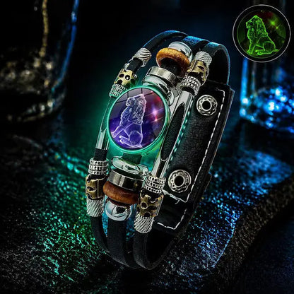 🌙 Świecąca skórzana bransoletka z symbolem zodiaku – 3-warstwowy pleciony, regulowana długość, unisex 💫✨