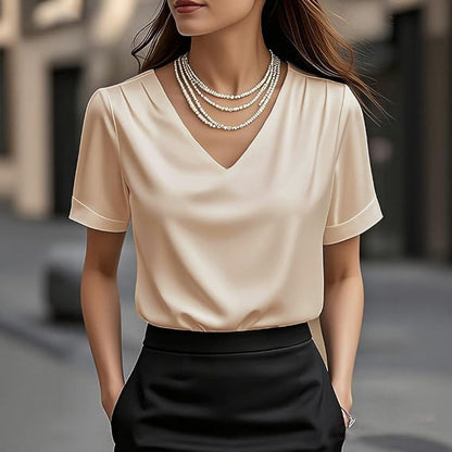 👚 Ženska majica – saten, V-izrez, kratki rukav, elegantna i lagana 2026