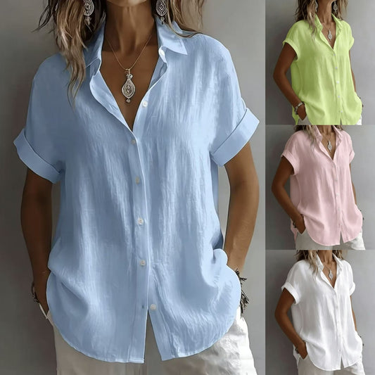 💃【S–2XL】Damska prosta lniana koszula z kołnierzykiem i krótkim rękawem na czas wolny