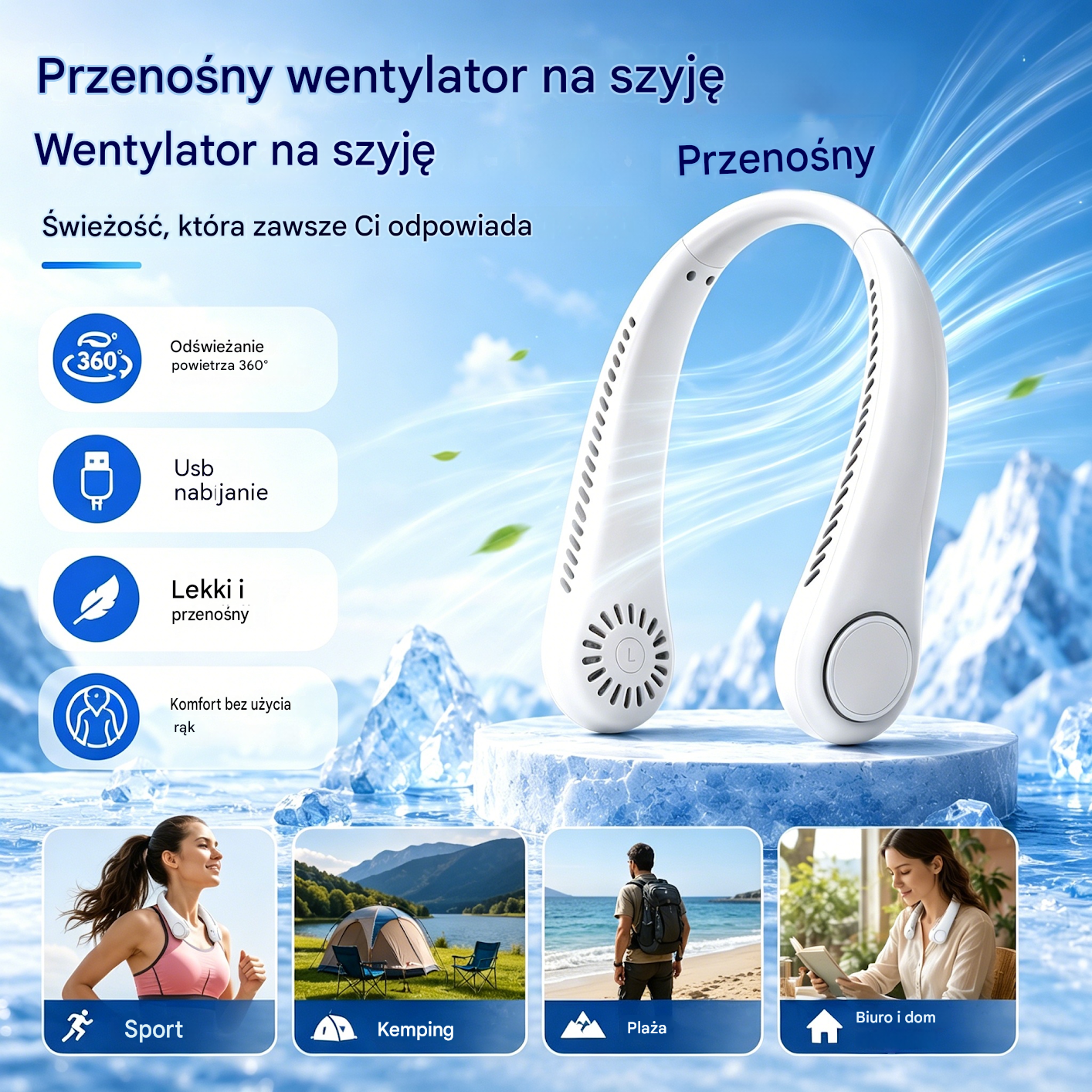 💨 Wentylator na szyję z funkcją chłodzenia – wyjątkowo cichy, przenośny i obracany o 360° – idealny na lato 🌞
