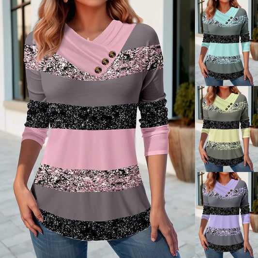 🔥【50% sleva 】【S-5XL】Dámský nový podzimně-zimní top s kontrastními barvami, výstřihem do V a dlouhým rukávem