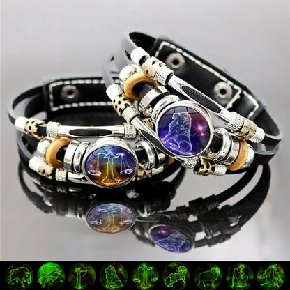 🌙 Świecąca skórzana bransoletka z symbolem zodiaku – 3-warstwowy pleciony, regulowana długość, unisex 💫✨