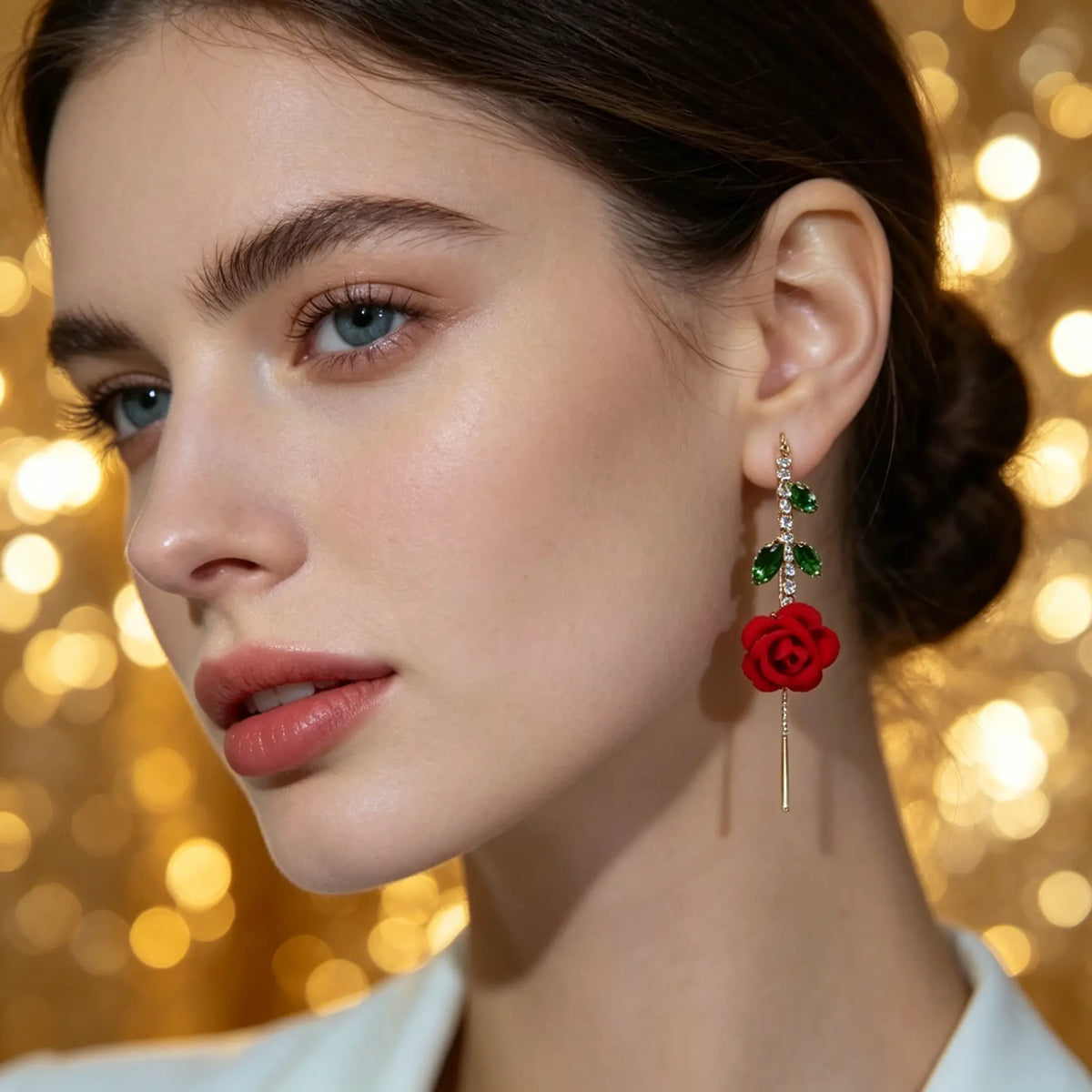 🌟【2 pary】🌹Kolczyki w kształcie czerwonych róż z kryształową łodyżką