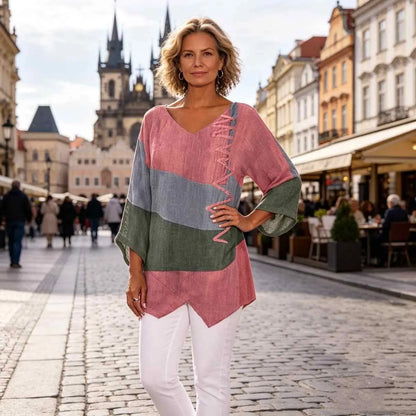 🍁 【S–4XL】Luźna lniana bluzka damska z dekoltem w serek i długim rękawem – Nowa kolekcja 2026 ✨