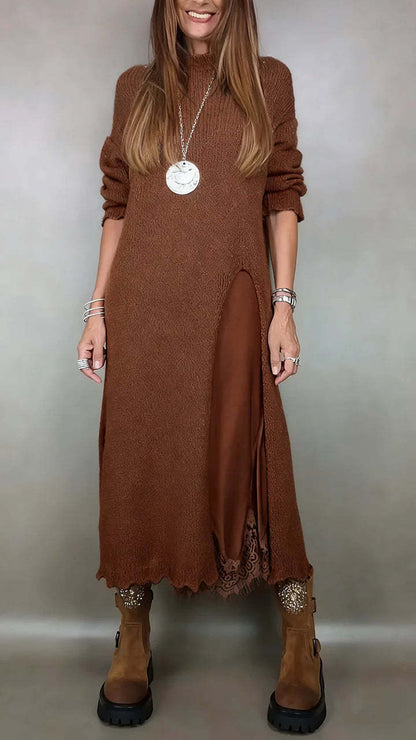 👗【XS–3XL】【-50% Zľava】Nový dvojdielny čipkovaný komplet s rozparkom a pleteným pulóvrom – elegantný jesenný a zimný outfit