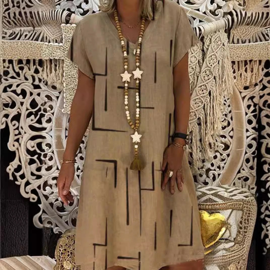 😍👗【S–5XL】Nowa sukienka z bawełny i lnu z dekoltem w serek i nadrukiem – Obniżona cena