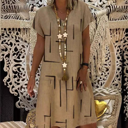 😍👗【S–5XL】Nowa sukienka z bawełny i lnu z dekoltem w serek i nadrukiem – Obniżona cena