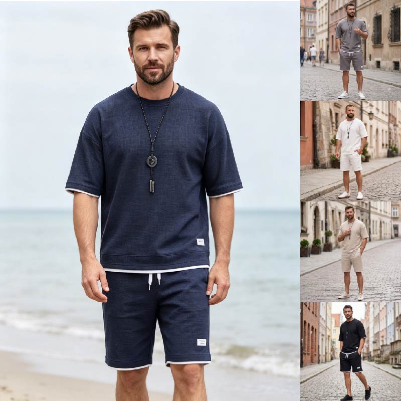 🔥【Nowość✨】【Koszulka + spodenki】Męski, oddychający zestaw sportowy, stylowy i swobodny, idealny na lato.