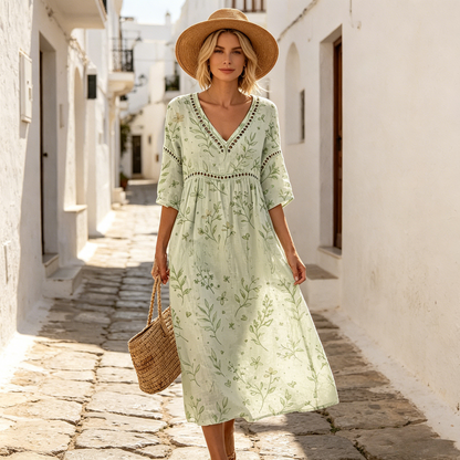 👗【S-3XL】Letnia sukienka z bawełny i lnu w kwiaty, długa, z dekoltem w serek