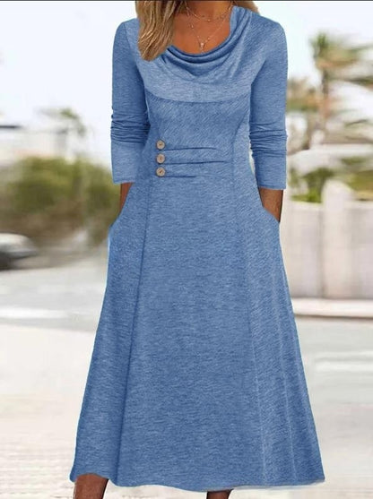 🎉👗【S–3XL】2025 Jesenné jednofarebné šaty s okrúhlym výstrihom, pásom, gombíkmi a vreckami – elegantné & pohodlné 💫🍂