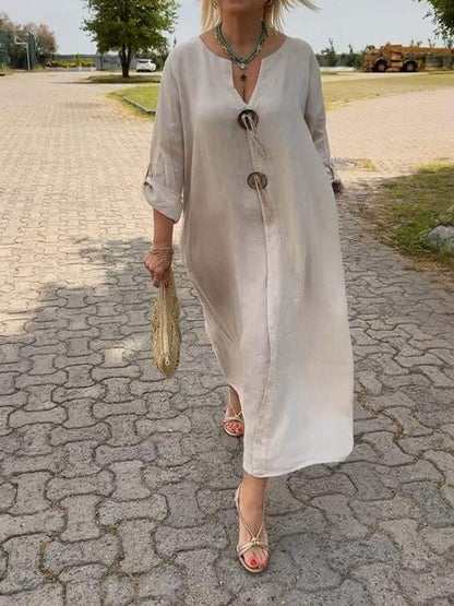 💖👗【S-5XL】Neformálne šaty s výstrihom do V z bavlny a ľanu