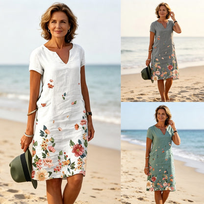 🌺【S-3XL】✨ Letnia bawełniana i lniana prosta sukienka z dekoltem w serek, krótkimi rękawami z nadrukiem motyli i kwiatów