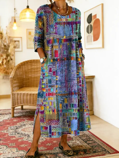 💟【50% POPUSTA】Ženska pamučna haljina s etničkim uzorkom i patchwork dizajnom, s čipkastim obrubom.