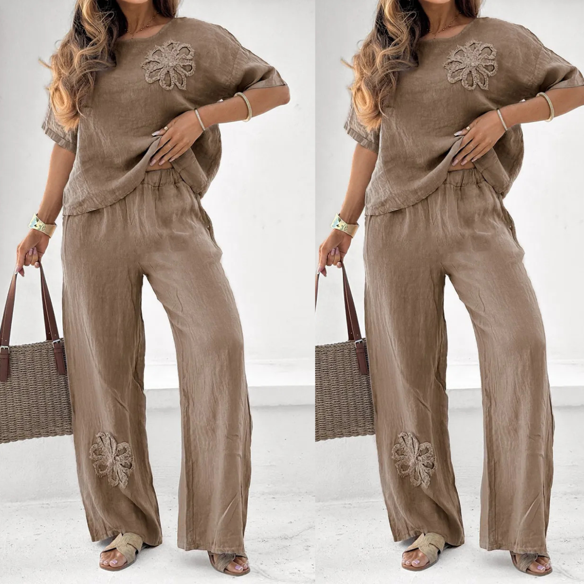 👩‍💼 Elegancki komplet damski S–5XL – haftowane kwiaty, top + spodnie