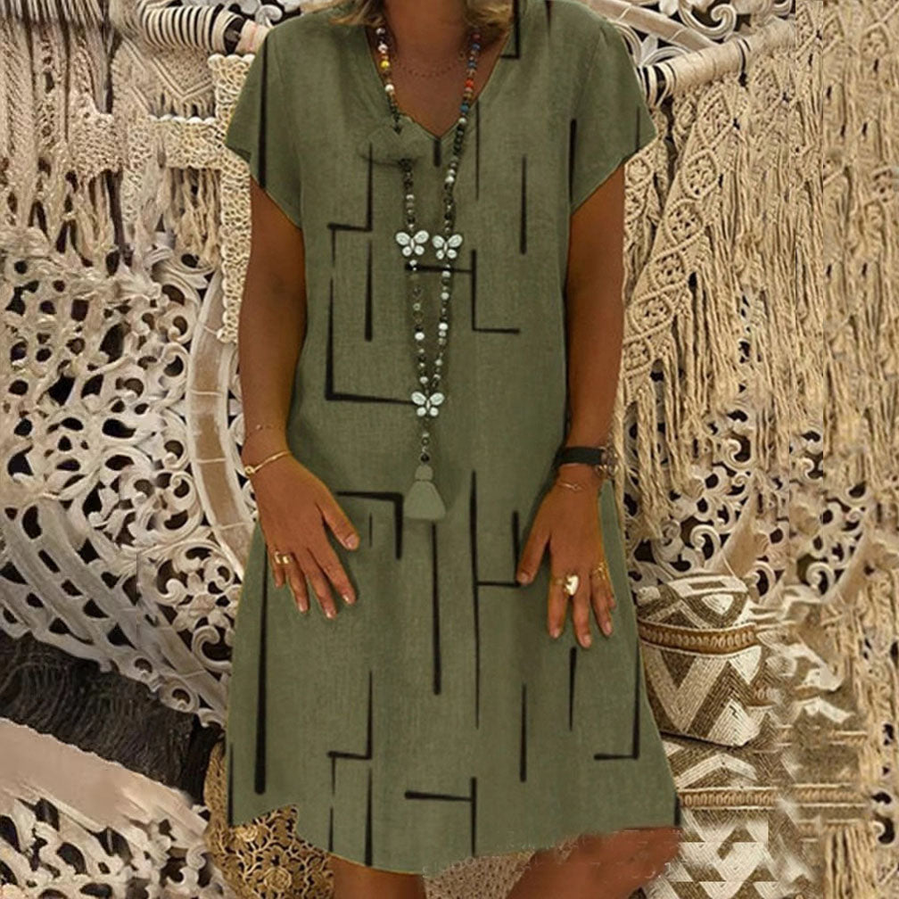 😍👗【S–5XL】Nowa sukienka z bawełny i lnu z dekoltem w serek i nadrukiem – Obniżona cena