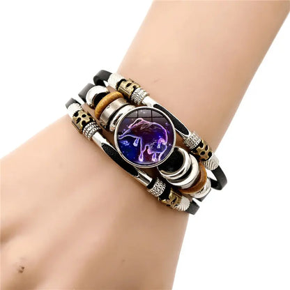🌙 Świecąca skórzana bransoletka z symbolem zodiaku – 3-warstwowy pleciony, regulowana długość, unisex 💫✨