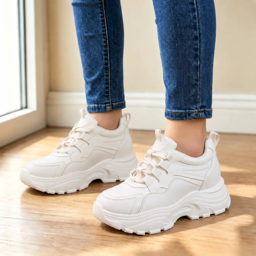 😍【35-40】Damskie buty na ukrytym podwyższeniu – białe sneakersy, na grubej podeszwie, casualowe, sportowe, idealne do chodzenia i podróży