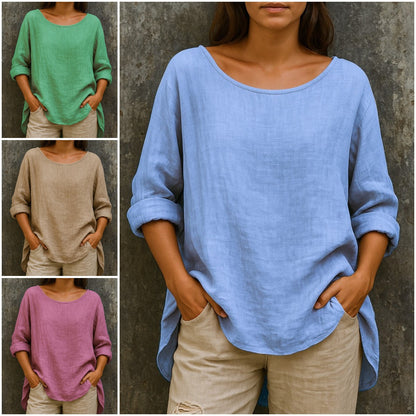 【S-3XL】Luźny, modny T-shirt z okrągłym dekoltem, wykonany z bawełny i lnu, w stylu retro – w większych rozmiarach.