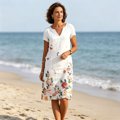 🌺【S-3XL】✨ Letnia bawełniana i lniana prosta sukienka z dekoltem w serek, krótkimi rękawami z nadrukiem motyli i kwiatów