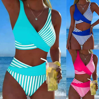 【40-100kg】Dwuczęściowe, kolorowe bikini w bloki i paski✅️Płatność gotówką przy odbiorze