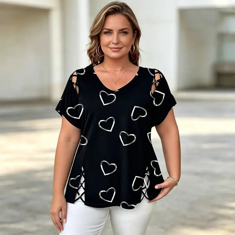 👚【S-5XL】Módne tričko s výstrihom do V a výrezom v tvare srdca